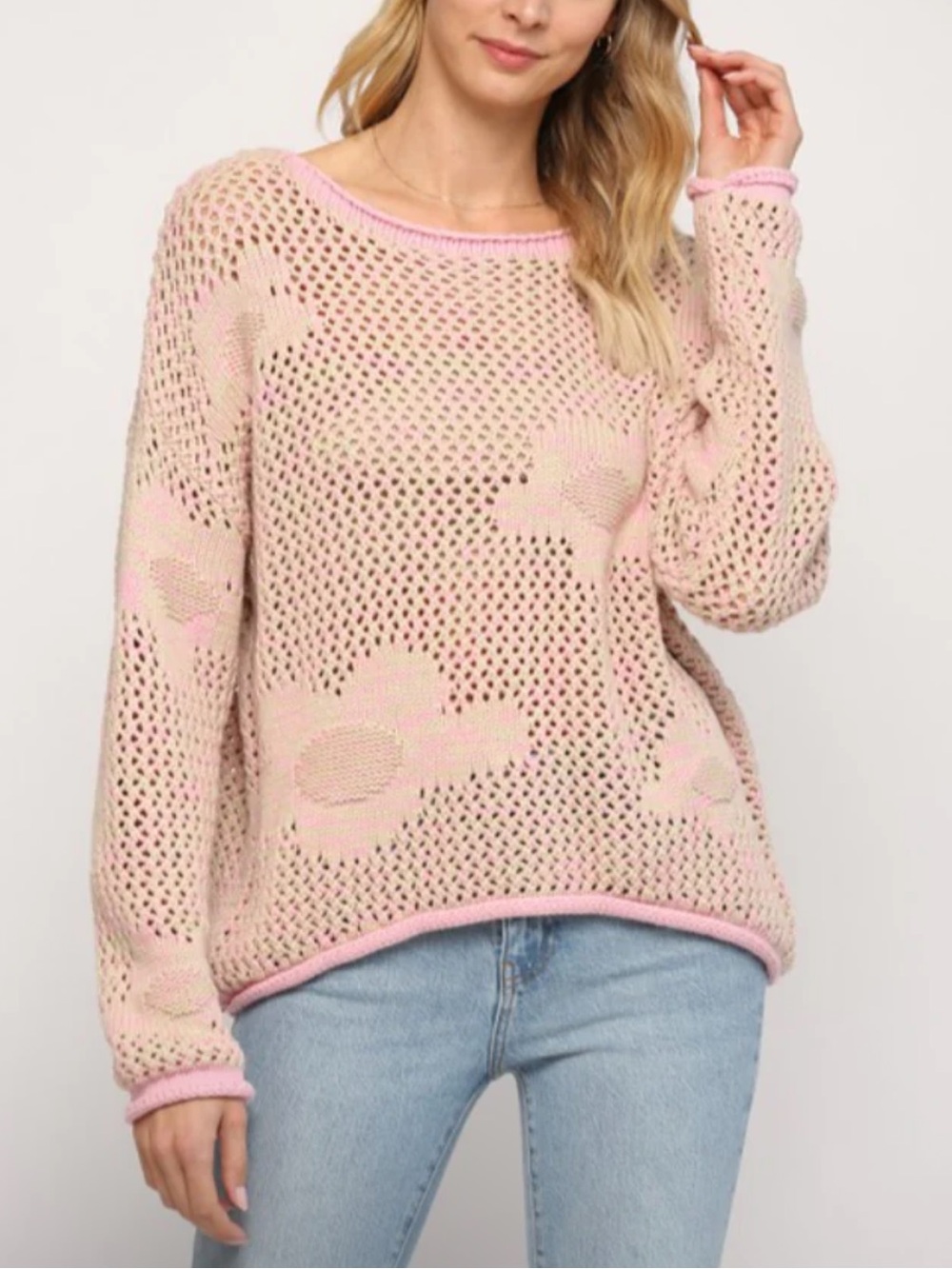 FATE Crochet Sweater Pink floral boxy Size Small New with tag